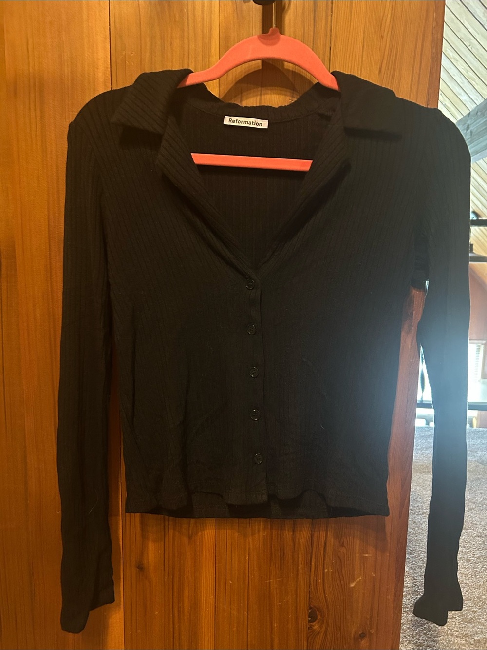 Reformation Black Ribbed Button-Front Collared Top